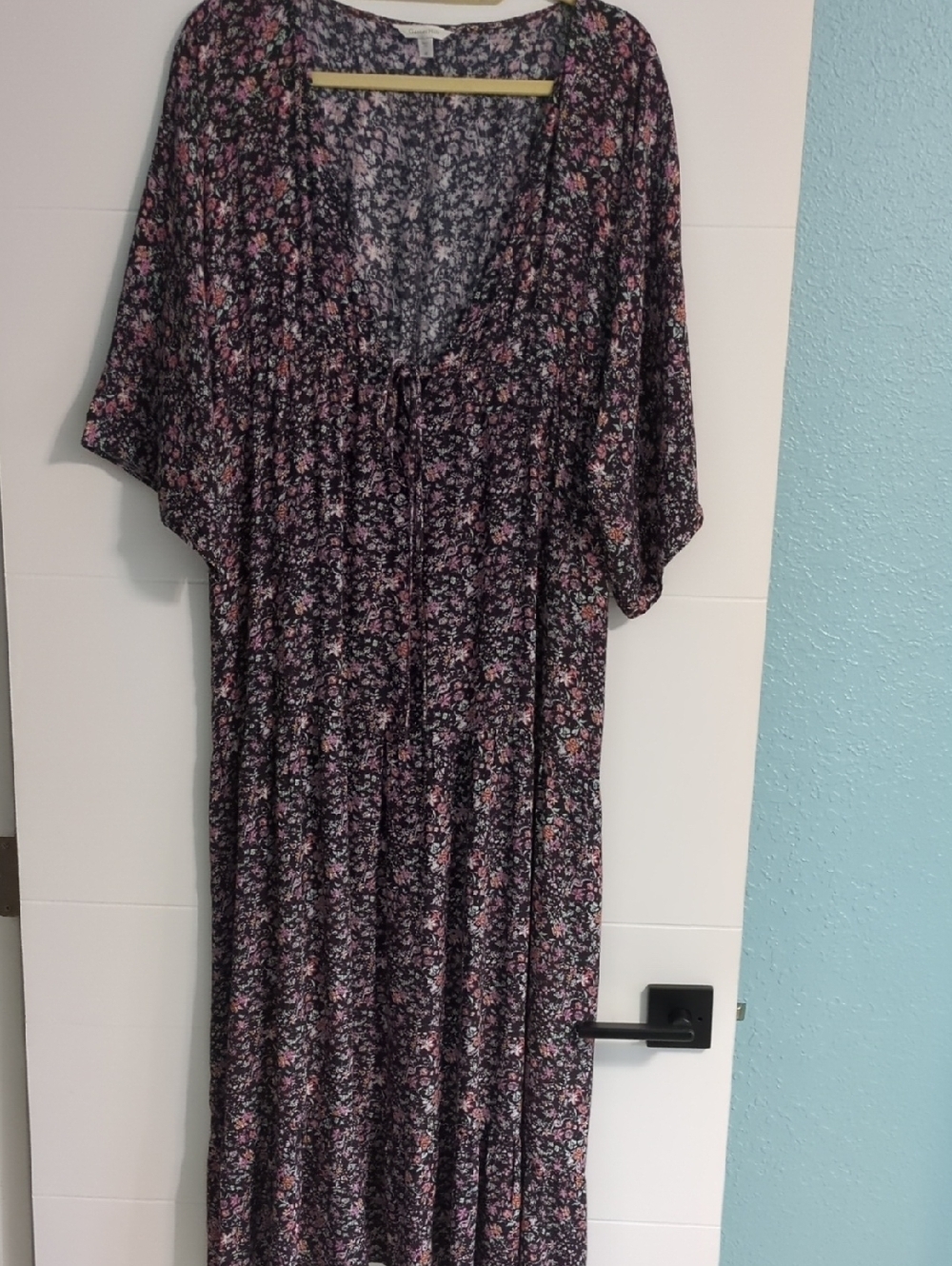Garnet Hill Micro Flower Kimono Sleeves Tiered Maxi Caftan Dress V Neck Cover Up